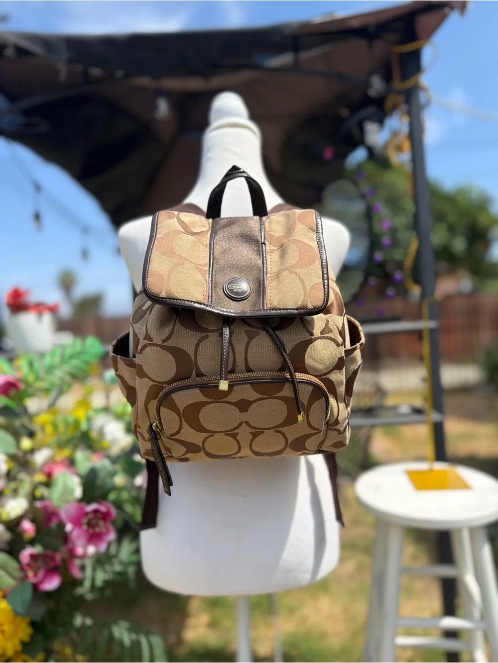 Coach Tan & Brown Signature Canvas Backpack